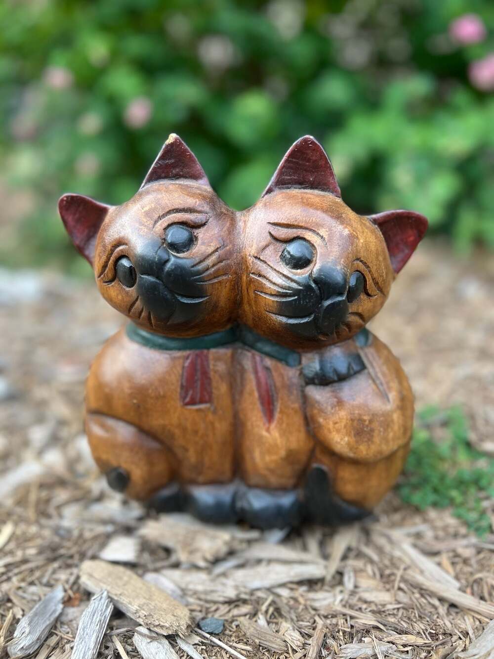 Hand Carved Wooden Hugging Cats Sculpture Figurine with Scarves